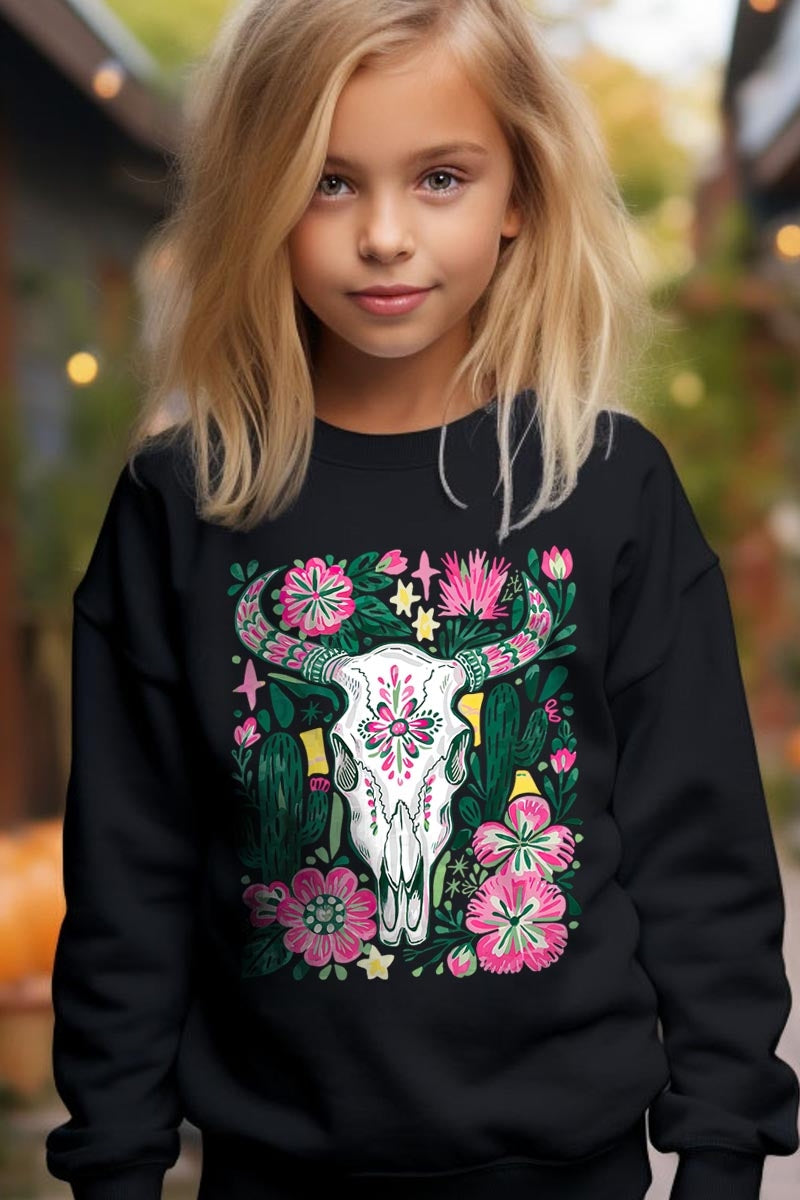 UL180B-E3086Z Western Floral Cow Skull Kids Graphic Sweatshirt $20
