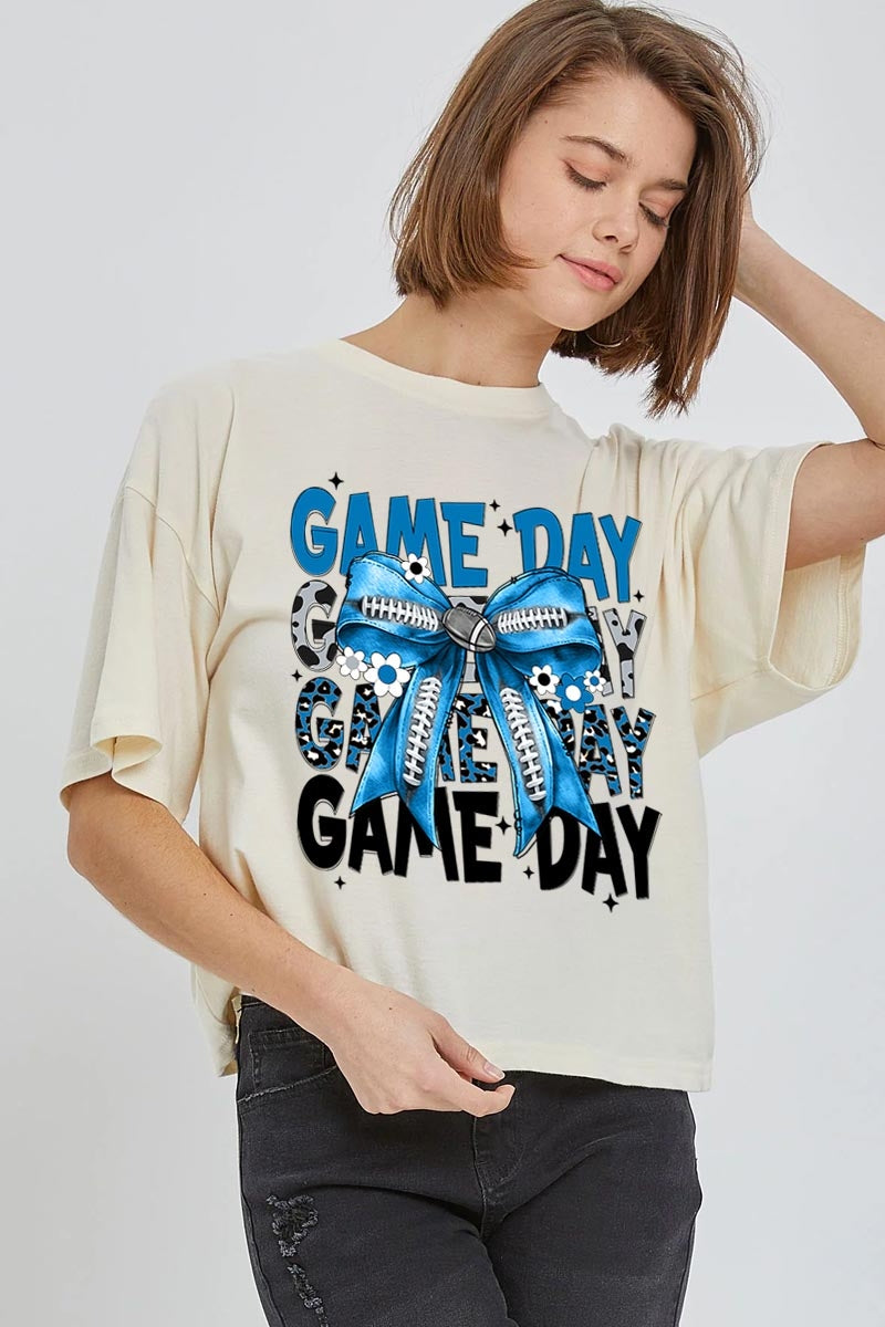 CTS-E3089 Blue Silver Football Game Day Bow Relaxed Crop Top $11