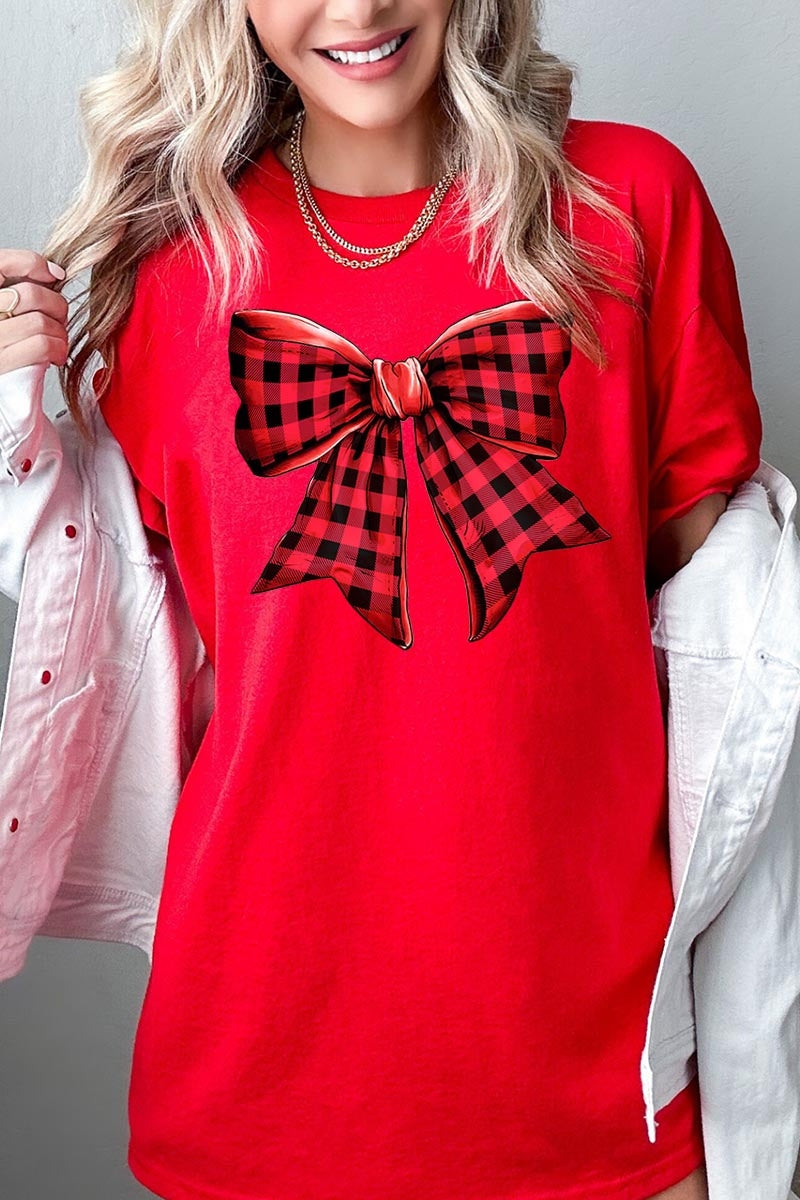 5000P-E3198 Red Buffalo Plaid Bow Graphic Plus Heavy Cotton Tee $12.75