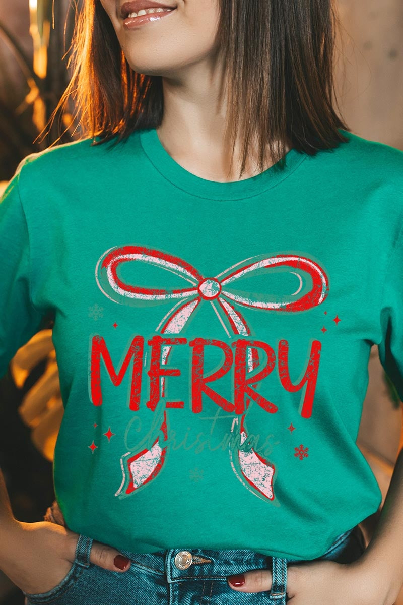 US3001-E3197 Merry Christmas Bow Graphic Tee $12.5