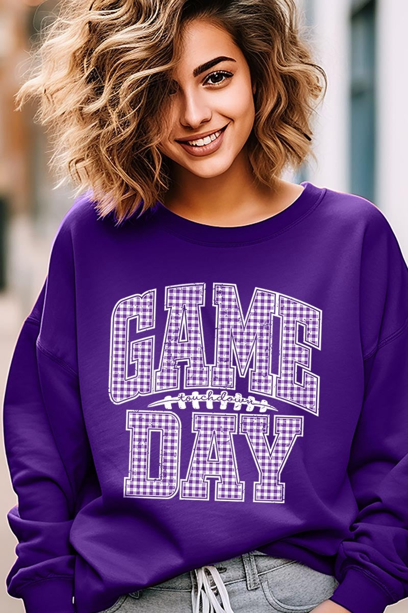 UL180P-E3127 Purple Gingham Game Day Graphic Plus Sweatshirt $25