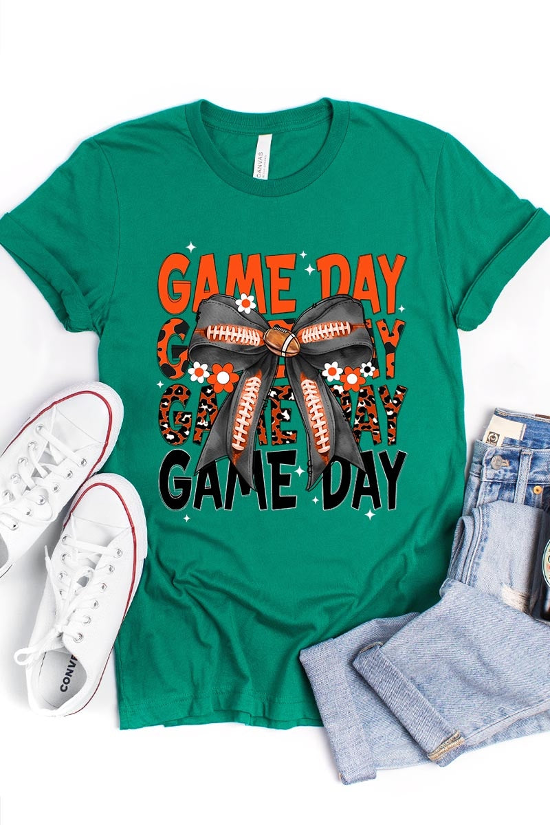 US3001P-E3088 Orange Black Football Game Day Bow Plus Tee $16
