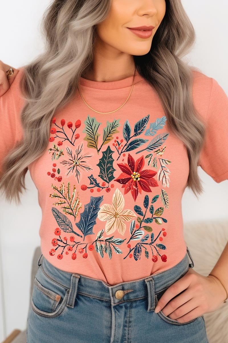 US3001P-E3186 Floral Christmas Graphic Plus Tee $16