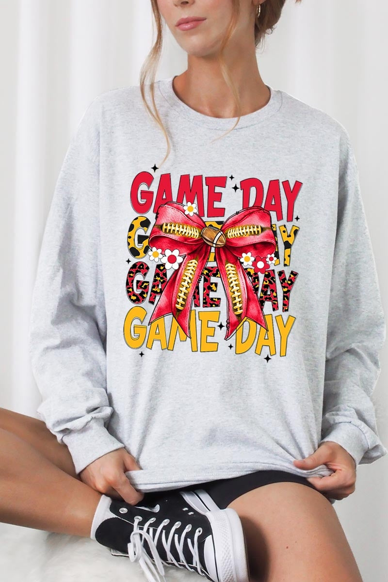 UL240-E3091 Red Yellow Football Game Day Bow Long Sleeve Tee $13.75
