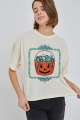 CTS-E3140 Halloween turquoise pumpkin Relaxed Crop Top $11