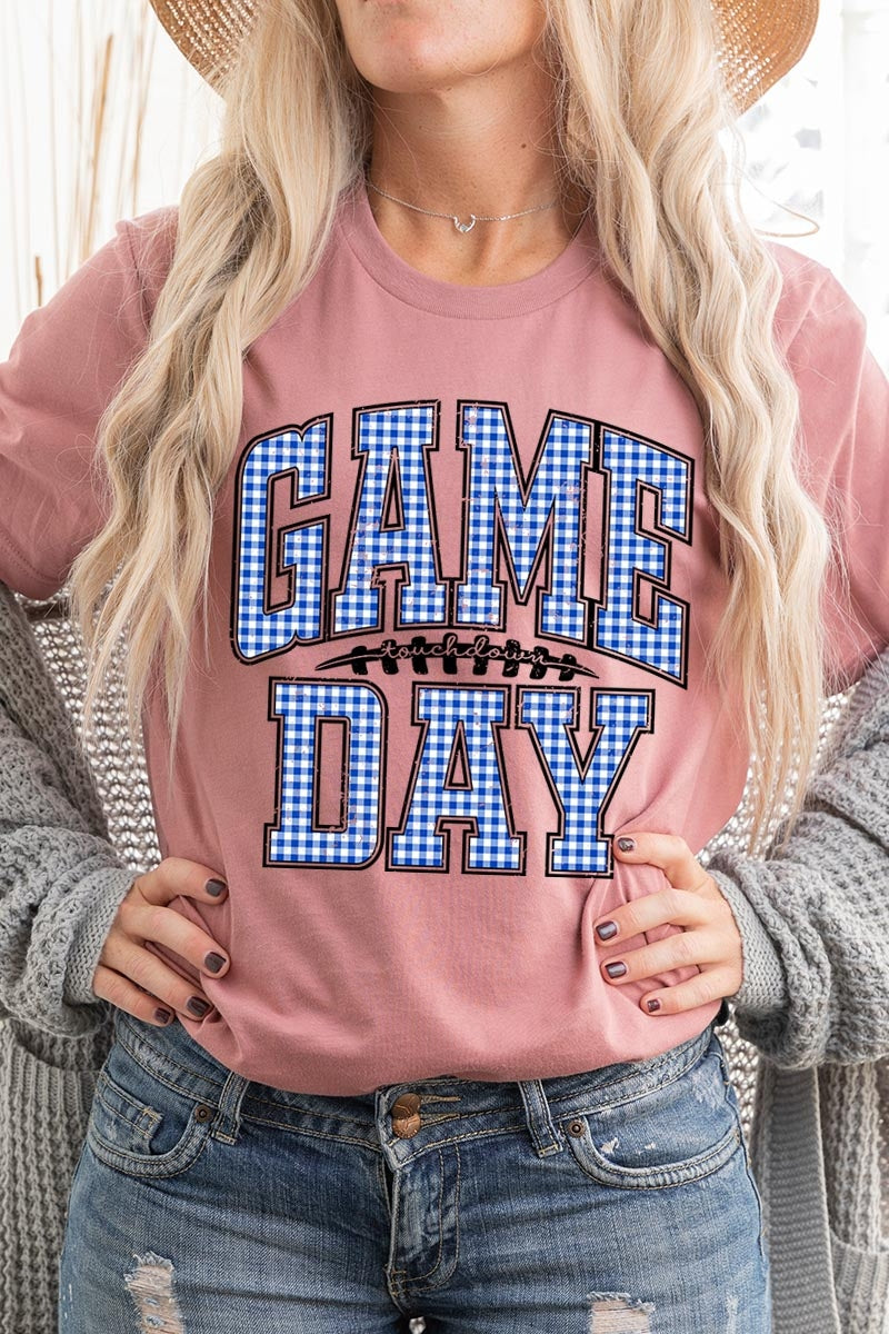 US3001P-E3130 Blue Gingham Game Day Graphic Plus Tee $16