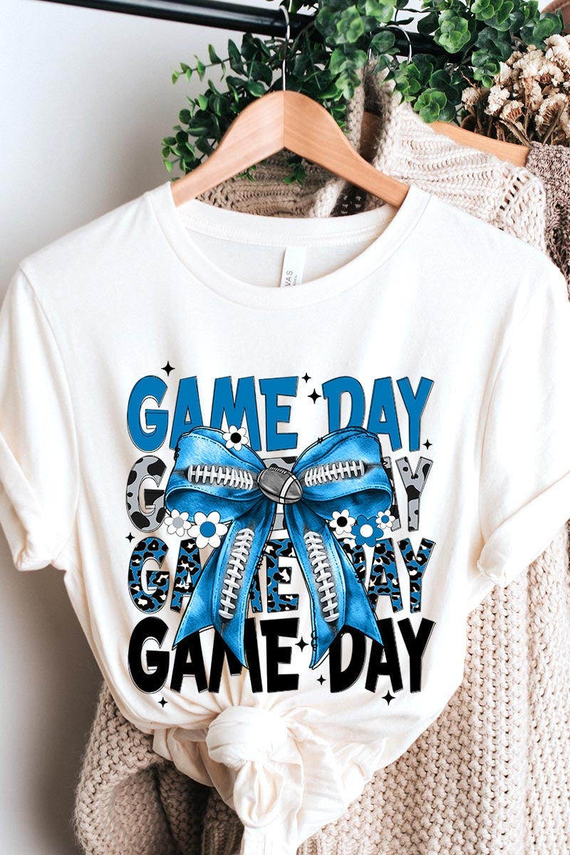 US3001-E3089 Blue Silver Football Game Day Bow Graphic Tee $12.5