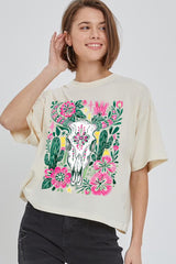 CTS-E3086 Western Floral Cow Skull Graphic Relaxed Crop Top $11