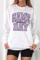 UL240-E3127 Purple Gingham Game Day Graphic Long Sleeve Tee $13.75