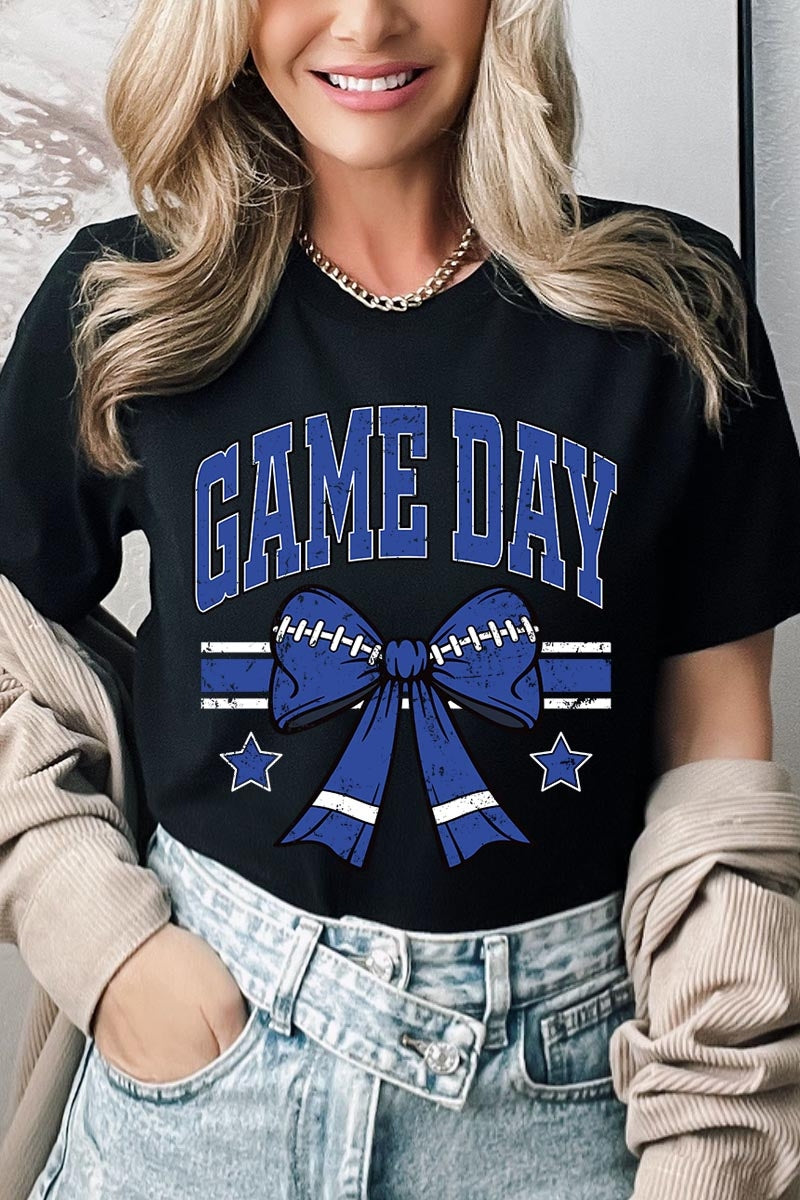 US3001-E3065 Blue Game Day Football Bow Graphic Tee $12.5