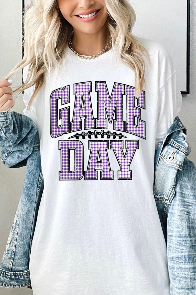 5000P-E3127 Purple Gingham Game Day Plus Heavy Cotton Tee $12.75