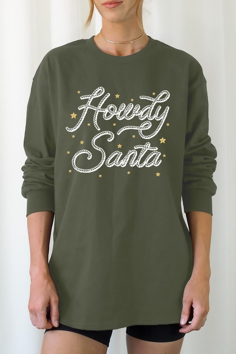 UL240-E3199 Howdy Santa Graphic Long Sleeve Tee $13.75