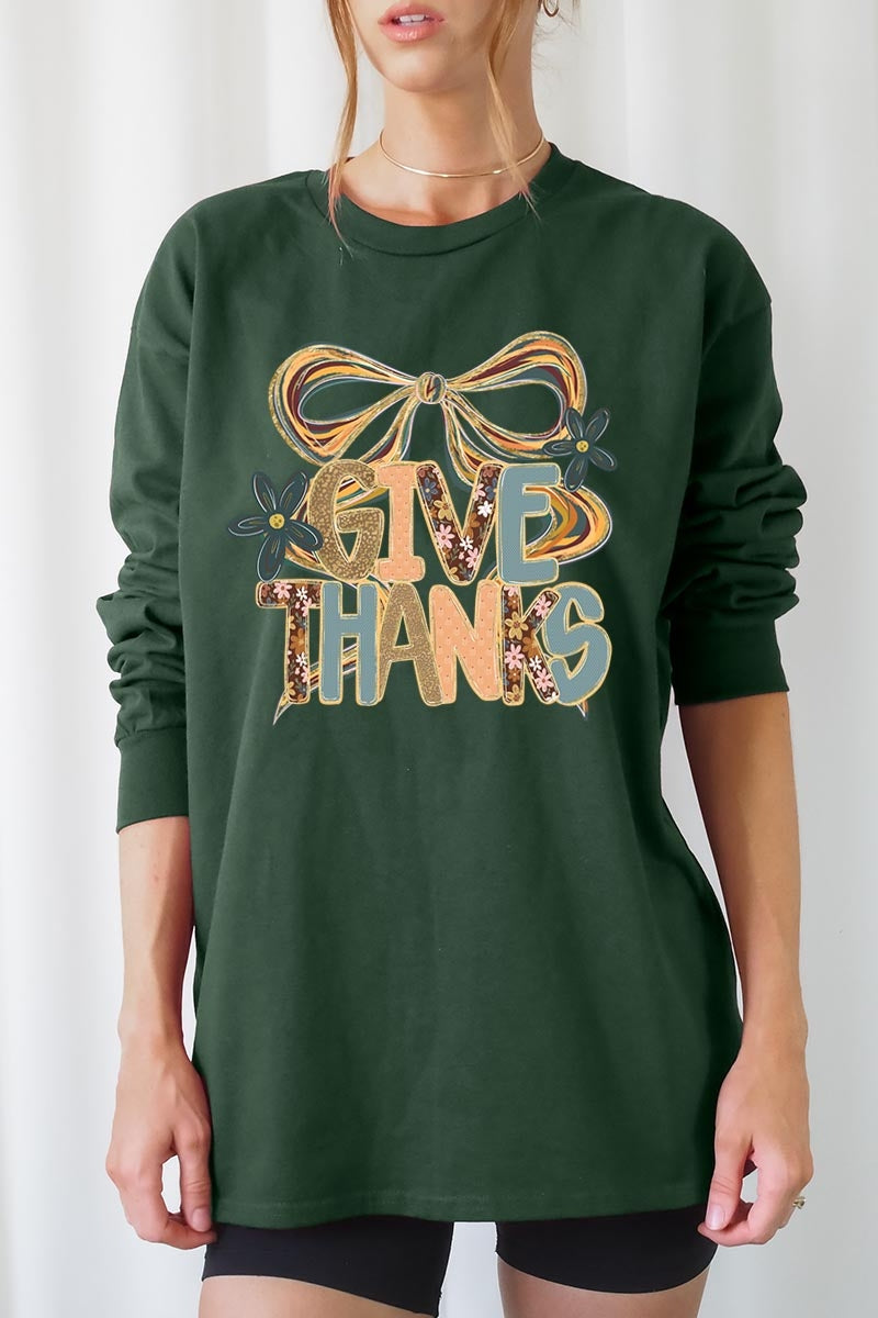 UL240P-E3154 Give Thanks Bow Graphic Plus Long Sleeve Tee $17