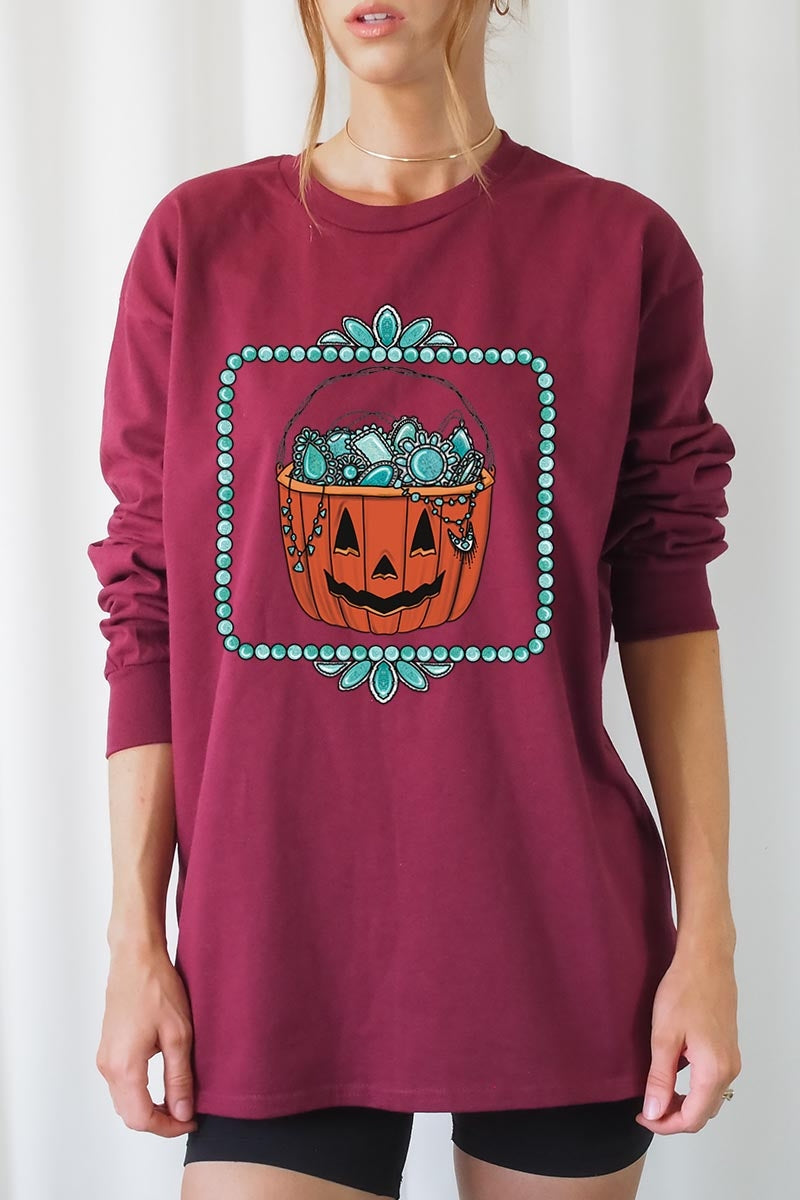 UL240P-E3140 Halloween turquoise pumpkin Plus Long Sleeve Tee $17