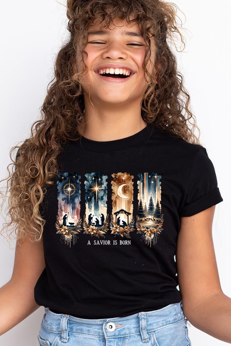US3001Y-E3204Z Savior Is Born Nativity Kids Graphic Tee $11