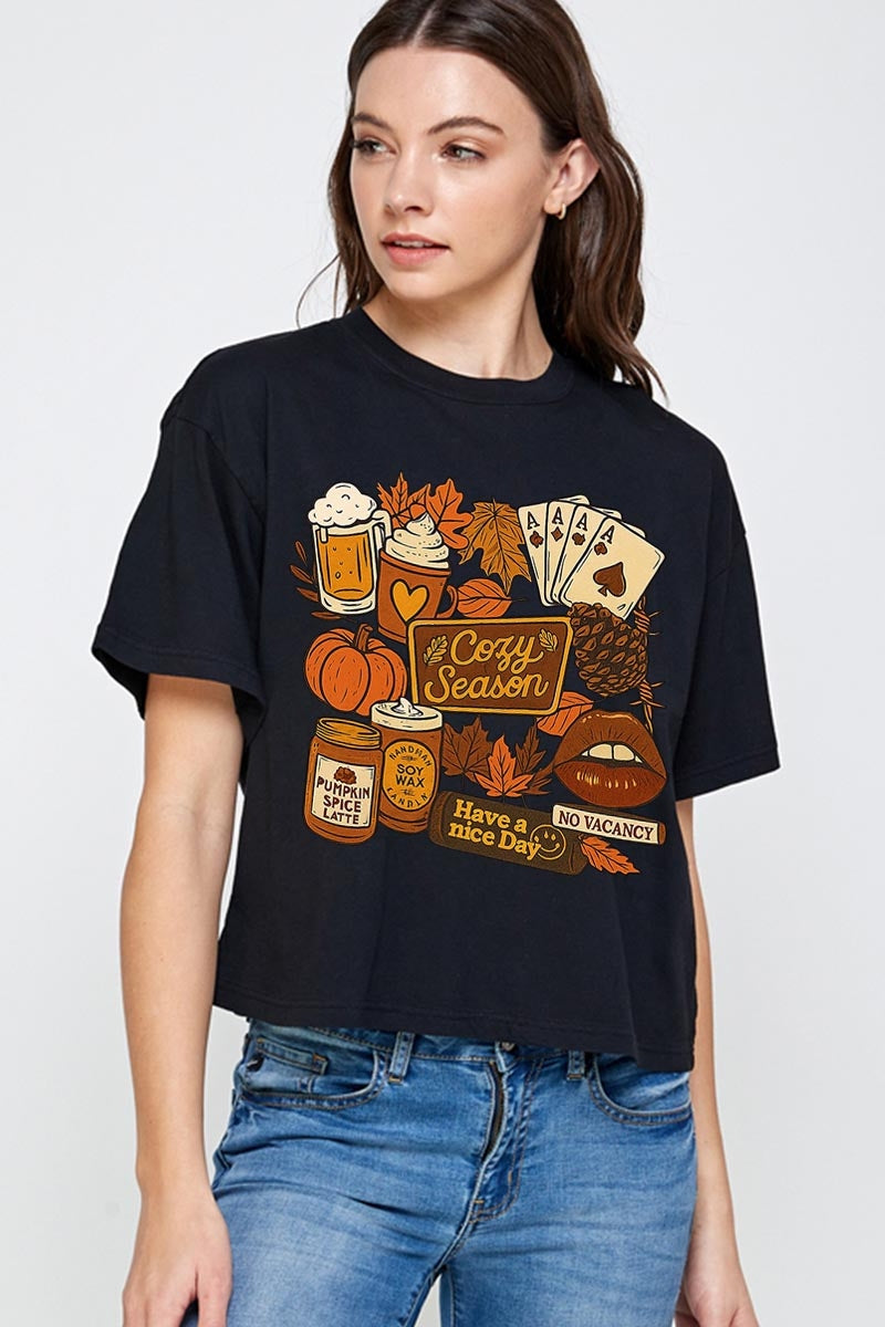 CTS-E3119 Retro Fall Collage Graphic Relaxed Crop Top $11