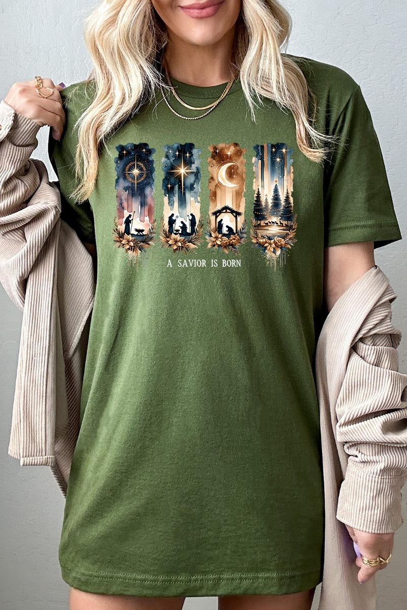 US3001-E3204 Savior Is Born Nativity Graphic Tee $12.5