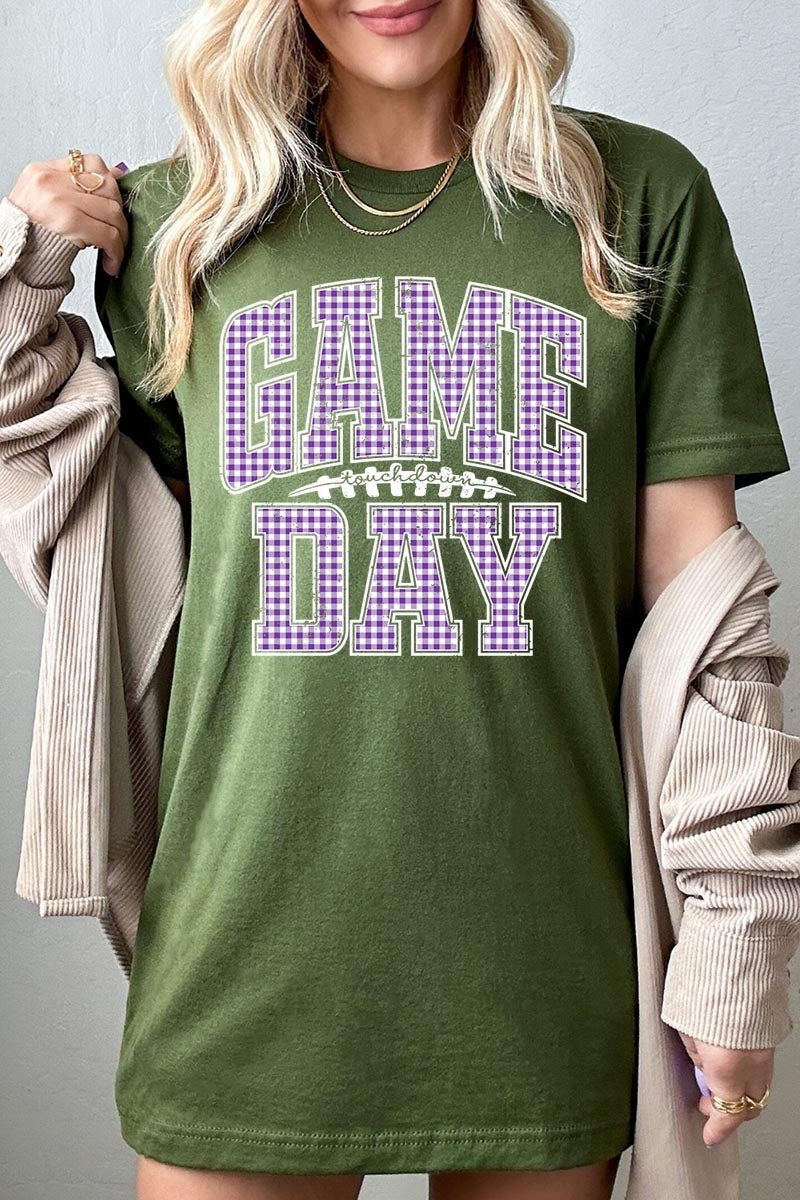 US3001P-E3127 Purple Gingham Game Day Graphic Plus Tee $16