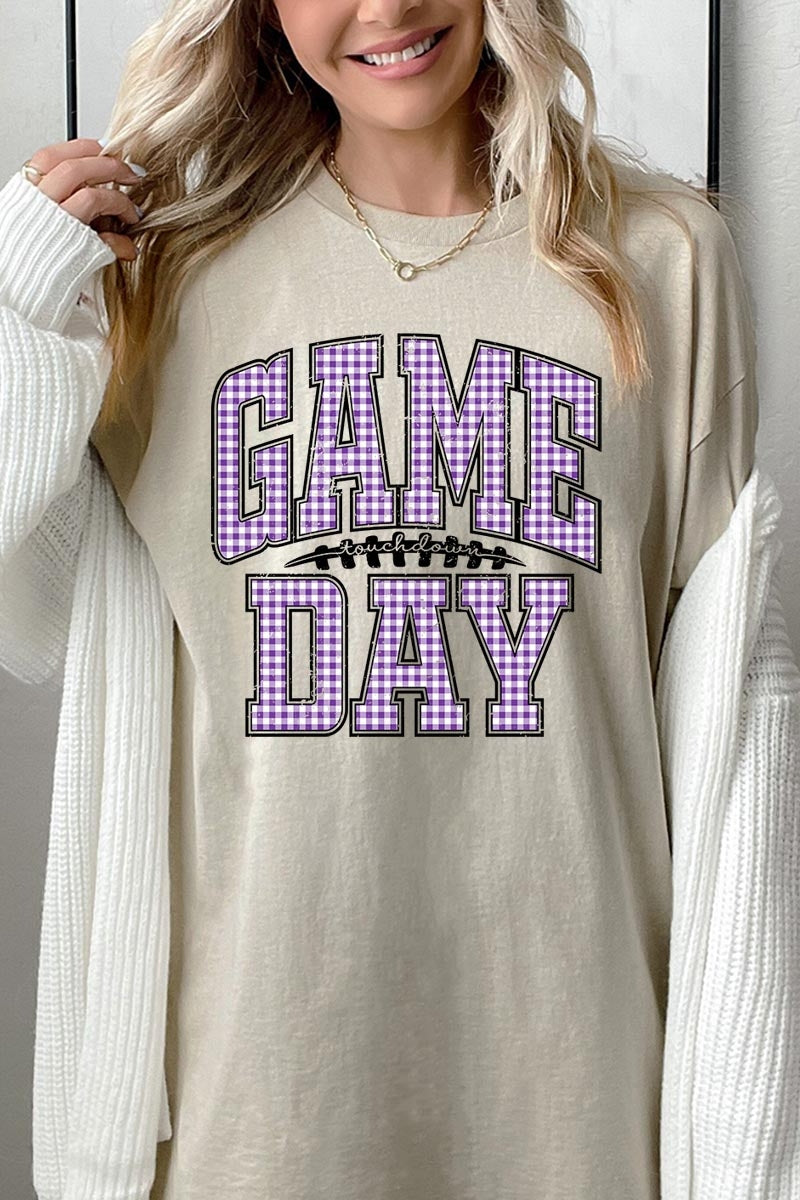 5000-E3127 Purple Gingham Game Day Graphic Heavy Cotton Tee $9