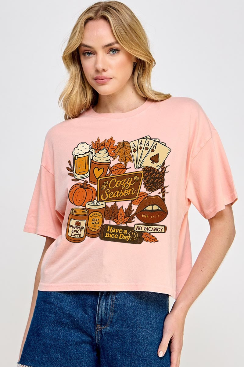 CTS-E3119 Retro Fall Collage Graphic Relaxed Crop Top $11