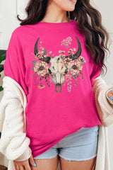 5000P-E3113 Western Skull Floral Graphic Plus Heavy Cotton Tee $12.75
