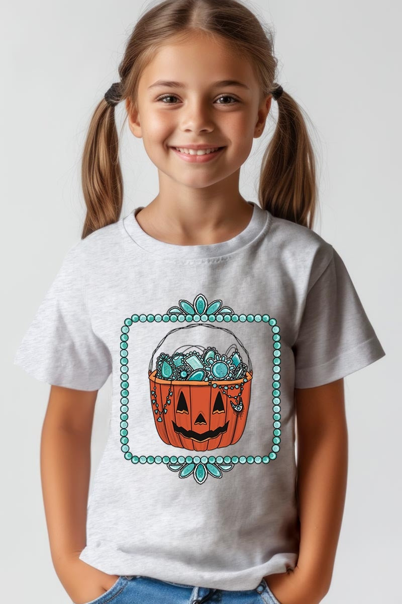 US3001Y-E3140Z Halloween turquoise pumpkin Kids Graphic Tee $11