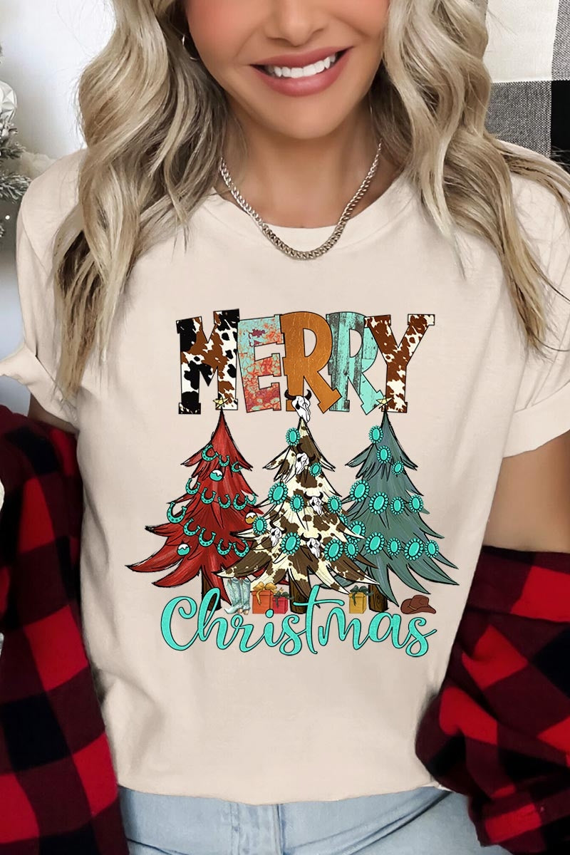 US3001P-E3200 Merry Christmas Trees Graphic Plus Tee $16
