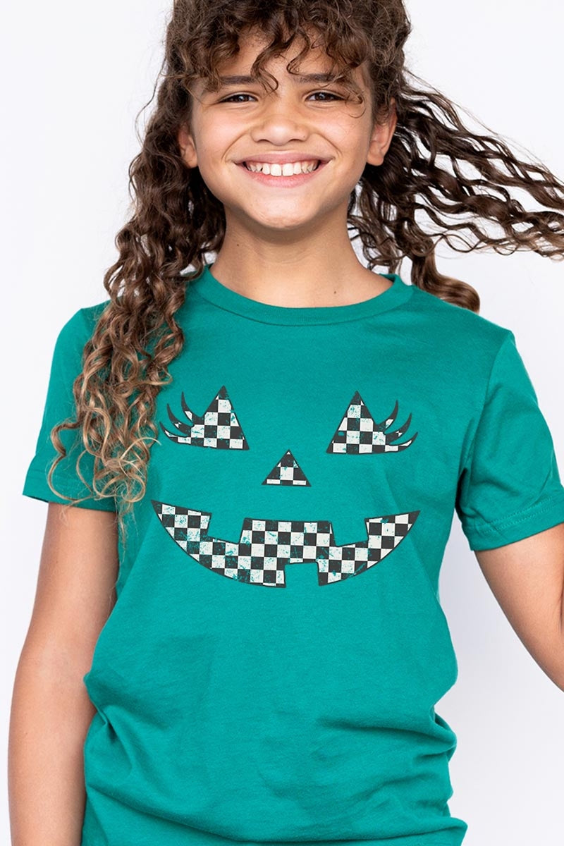 US3001Y-E3149Z Checker Pumpkin Face Kids Graphic Tee $11