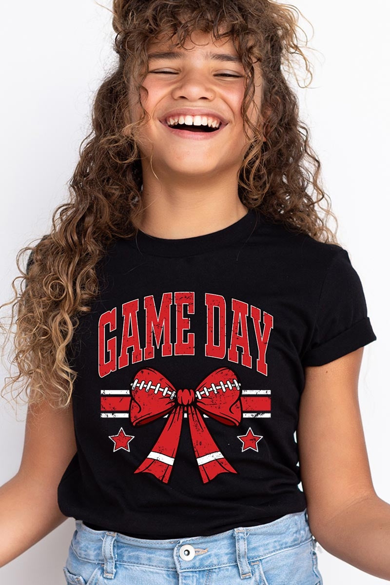 US3001Y-E3062Z Red Game Day Football Bow Kids Graphic Tee $11