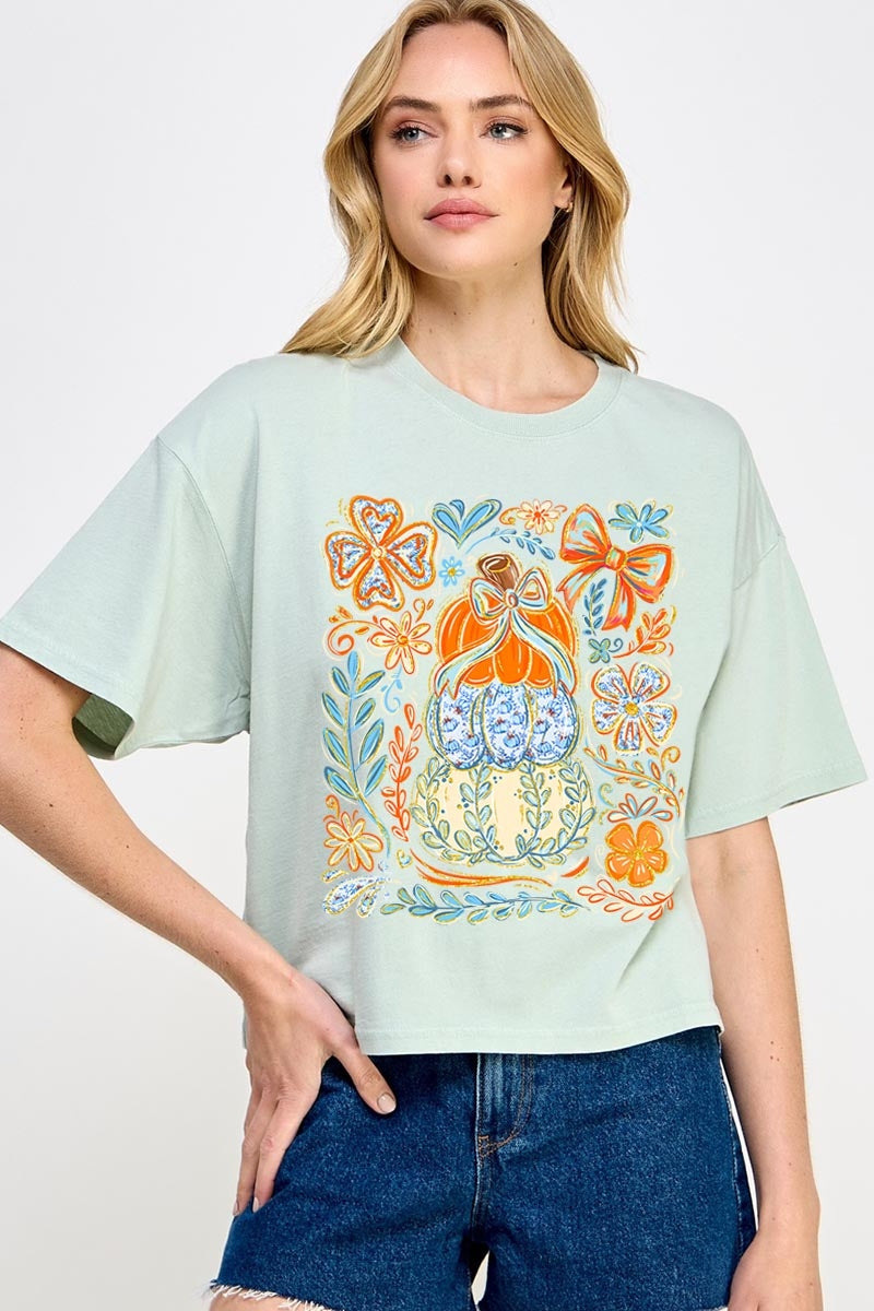 CTS-E3153 Floral Pumpkin Stack Graphic Relaxed Crop Top $11
