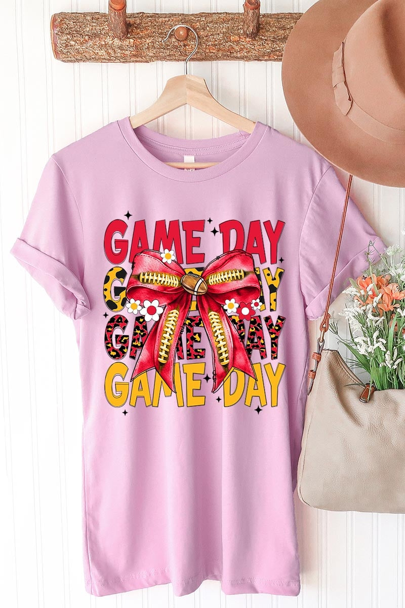US3001-E3091 Red Yellow Football Game Day Bow Graphic Tee $12.5