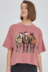 CTS-E3182 Christmas Horses Graphic Relaxed Crop Top $11
