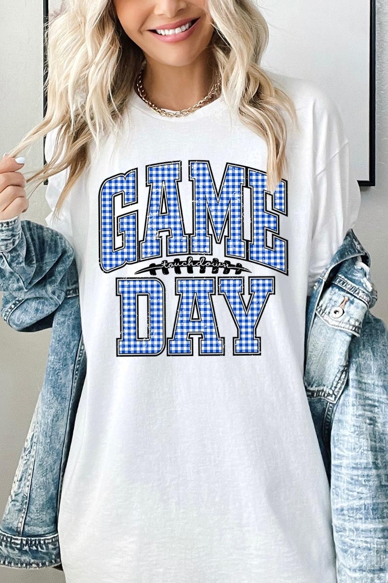 5000-E3130 Blue Gingham Game Day Graphic Heavy Cotton Tee $9