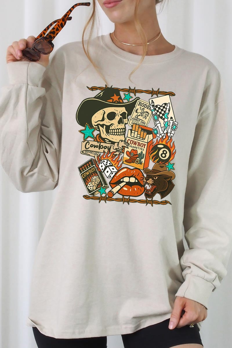 UL240-E3096 Vintage Western Collage Graphic Long Sleeve Tee $13.75