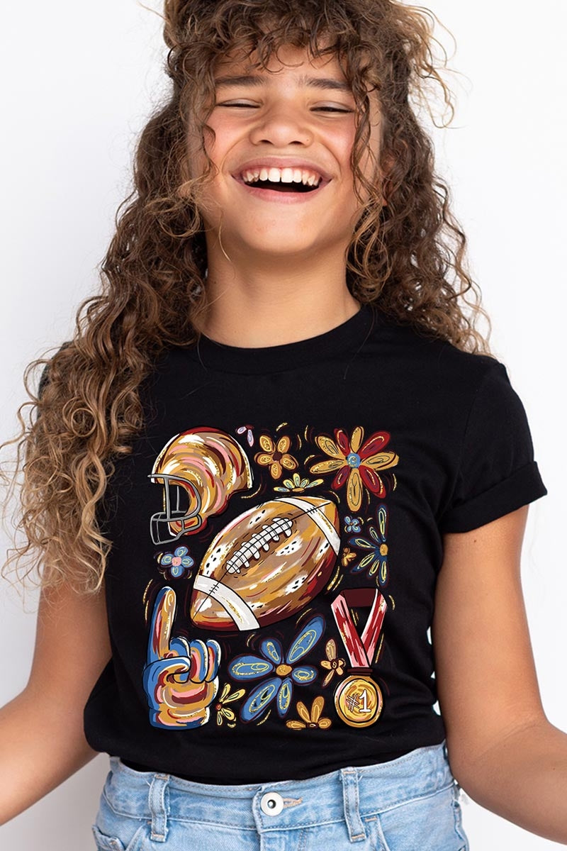US3001Y-E3072Z Retro Floral Football Kids Graphic Tee $11