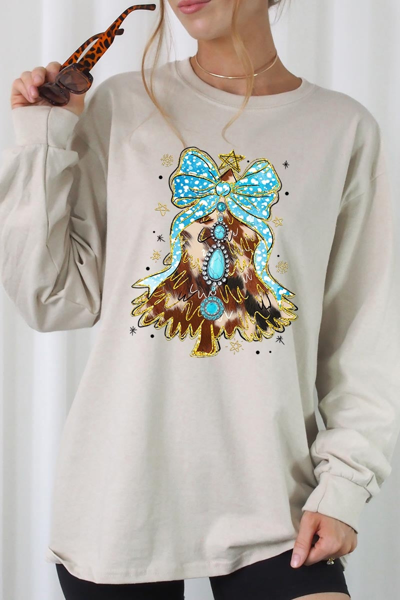 UL240-E3184 Turquoise Christmas Tree Graphic Long Sleeve Tee $13.75