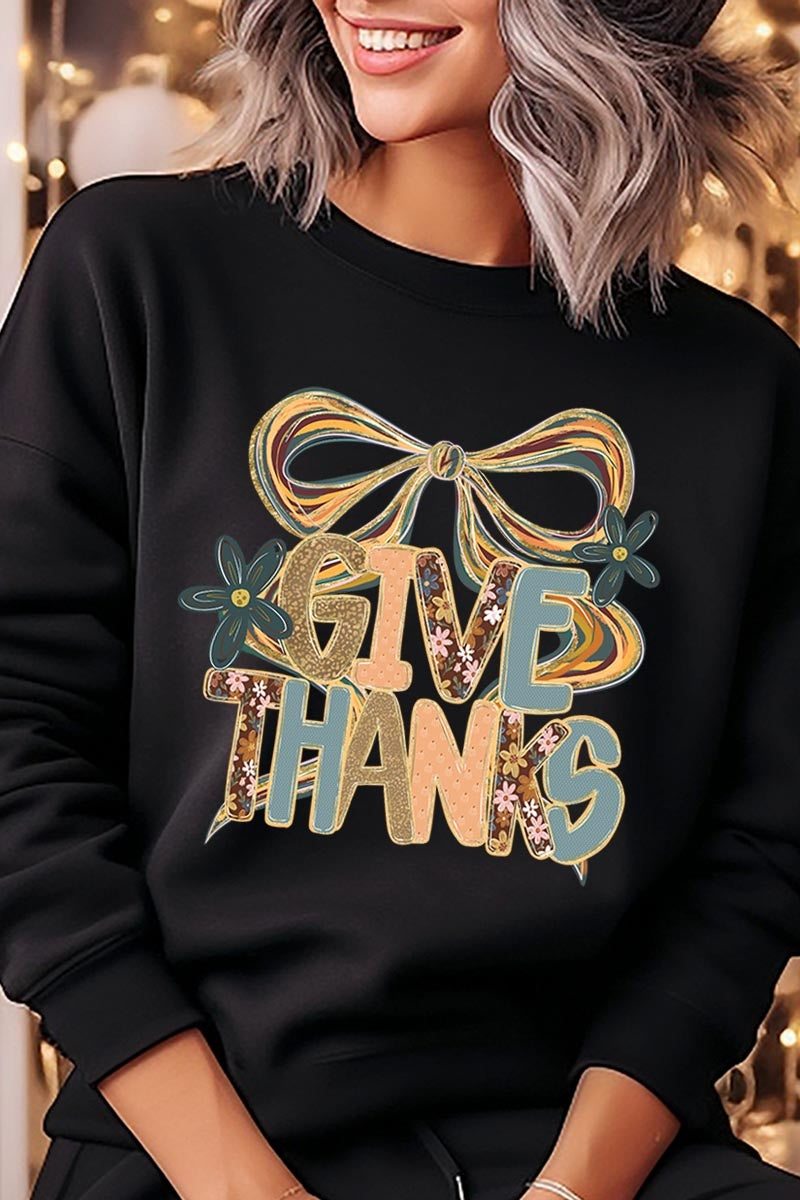 UL180P-E3154 Give Thanks Bow Graphic Plus Sweatshirt $25