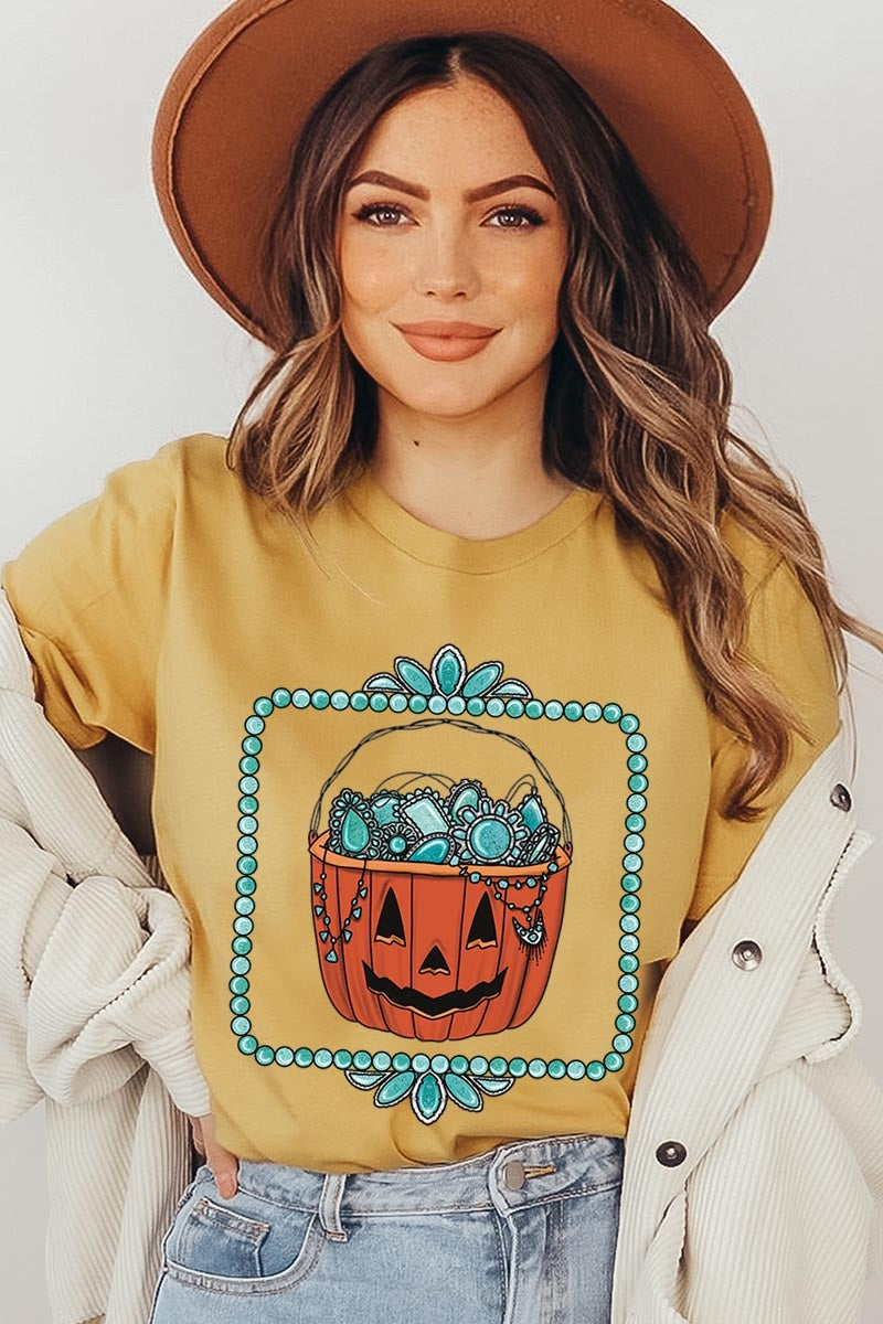 US3001P-E3140 Halloween turquoise pumpkin Graphic Plus Tee $16