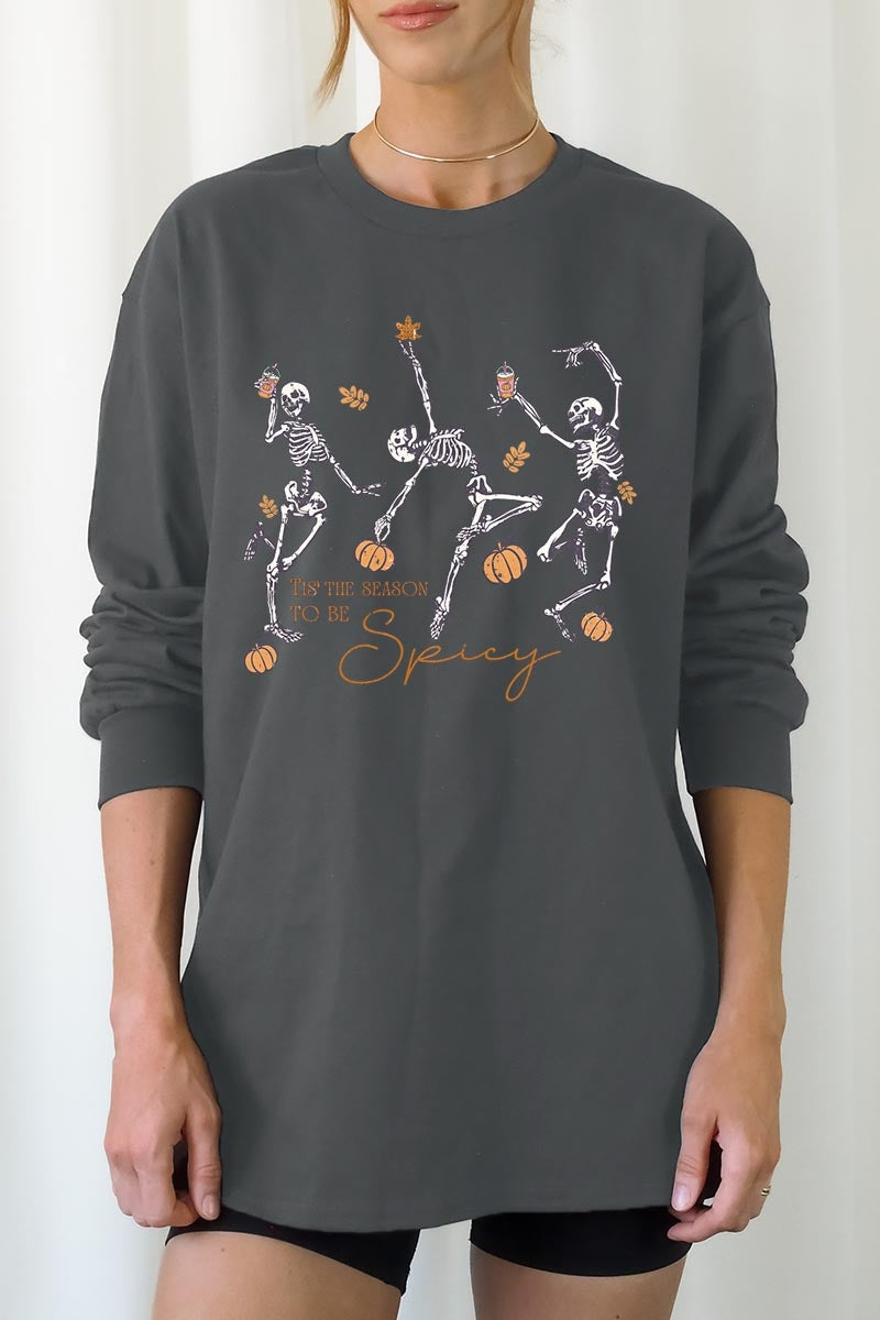 UL240-E3123 Halloween Skeleton Graphic Long Sleeve Tee $13.75
