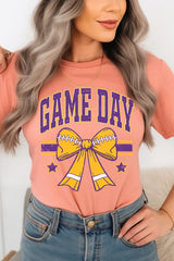 US3001-E3063 Purple Game Day Football Bow Graphic Tee $12.5