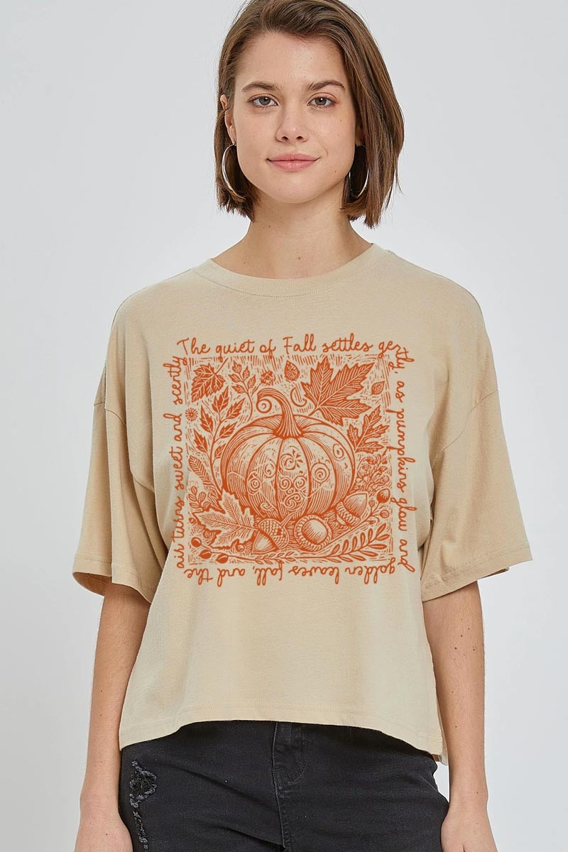 CTS-E3112 Fall Pumpkin Botanical Graphic Relaxed Crop Top $11