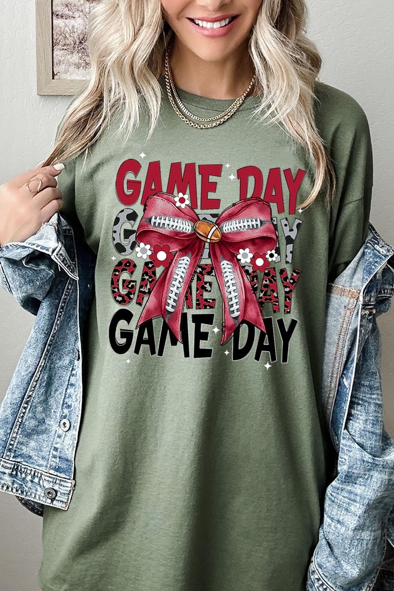 5000-E3093 Red Silver Football Game Day Bow Heavy Cotton Tee $9