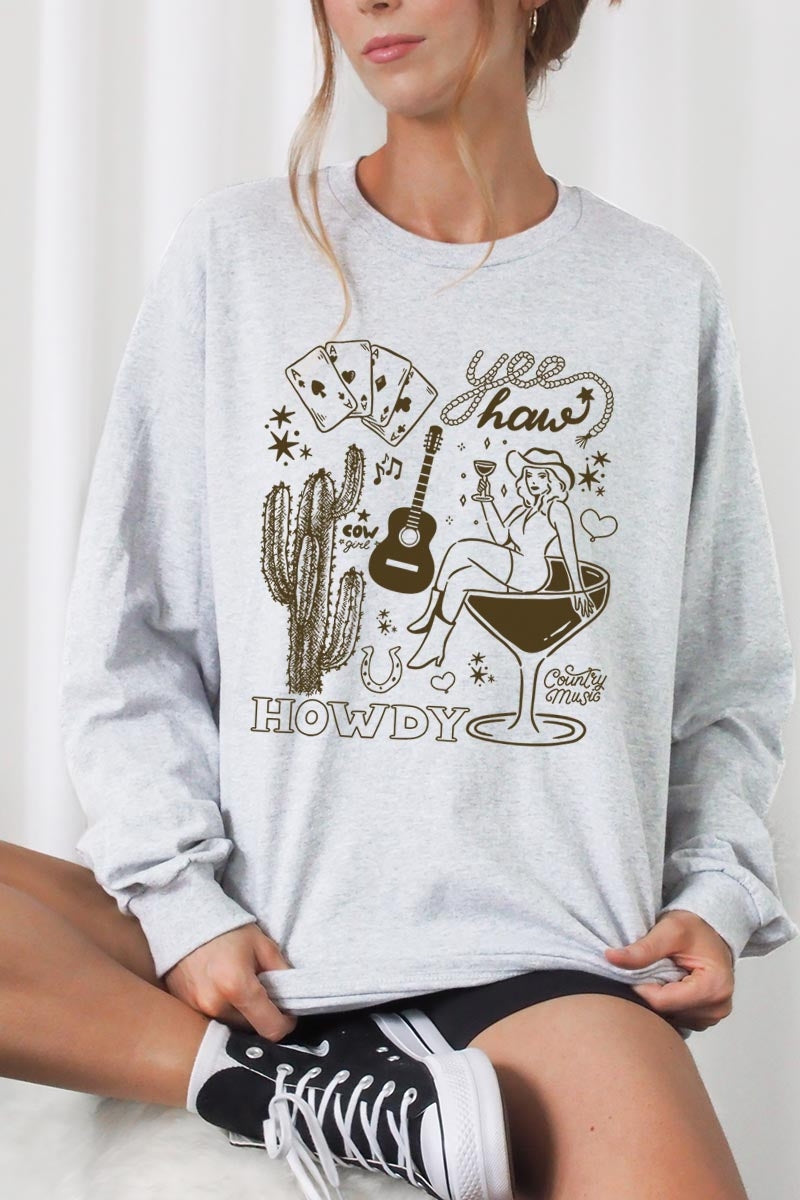 UL240-E3097 Cowgirl Country Music Graphic Long Sleeve Tee $13.75