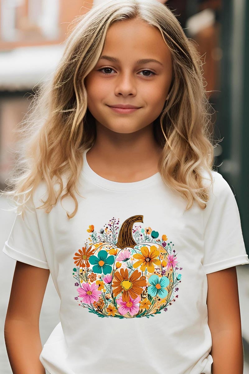 US3001Y-E3118Z Floral Pumpkin Kids Graphic Tee $11