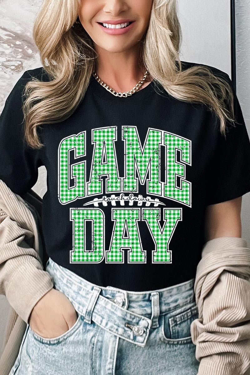 US3001P-E3128 Green Gingham Game Day Graphic Plus Tee $16