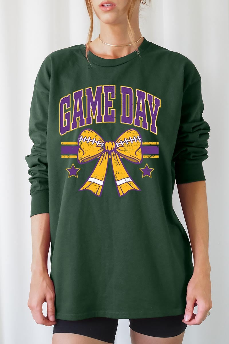 UL240P-E3063 Purple Game Day Football Bow Plus Long Sleeve Tee $17