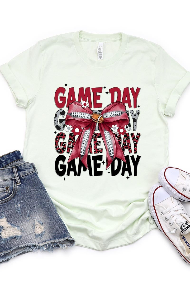US3001-E3093 Red Silver Football Game Day Bow Graphic Tee $12.5