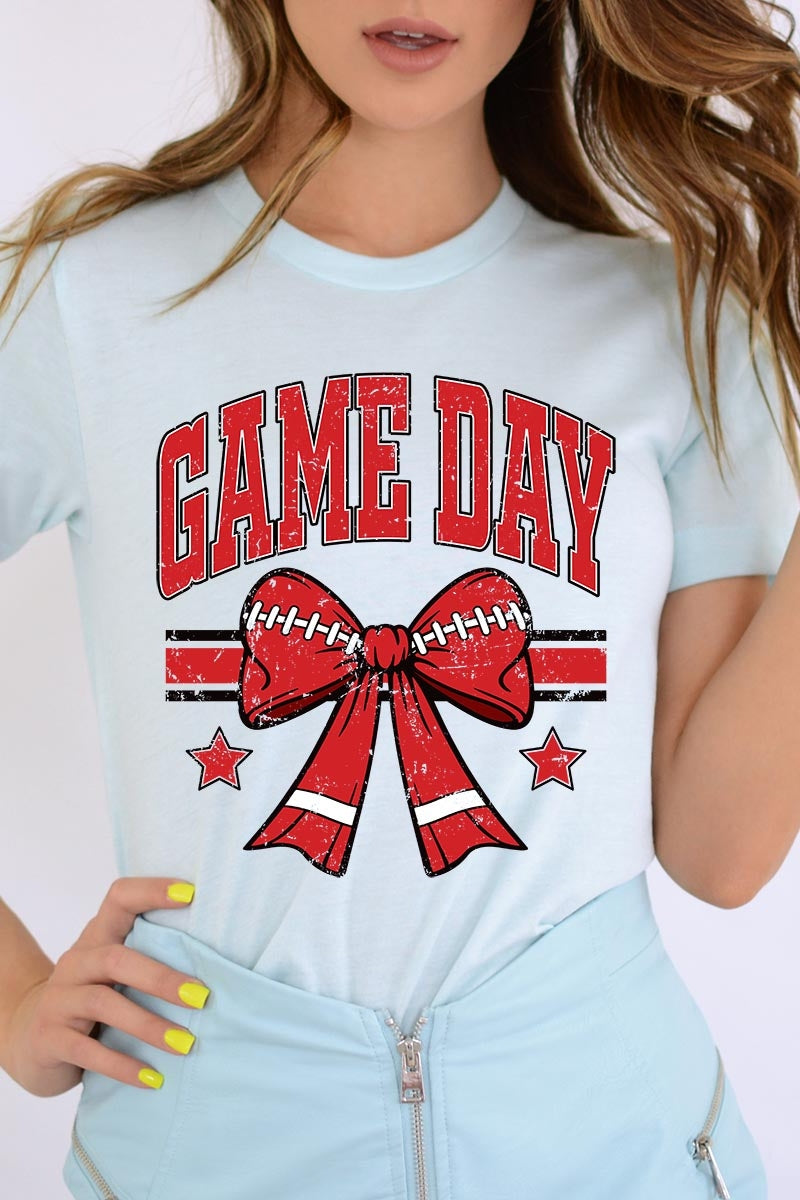 US3001-E3062 Red Game Day Football Bow Graphic Tee $12.5