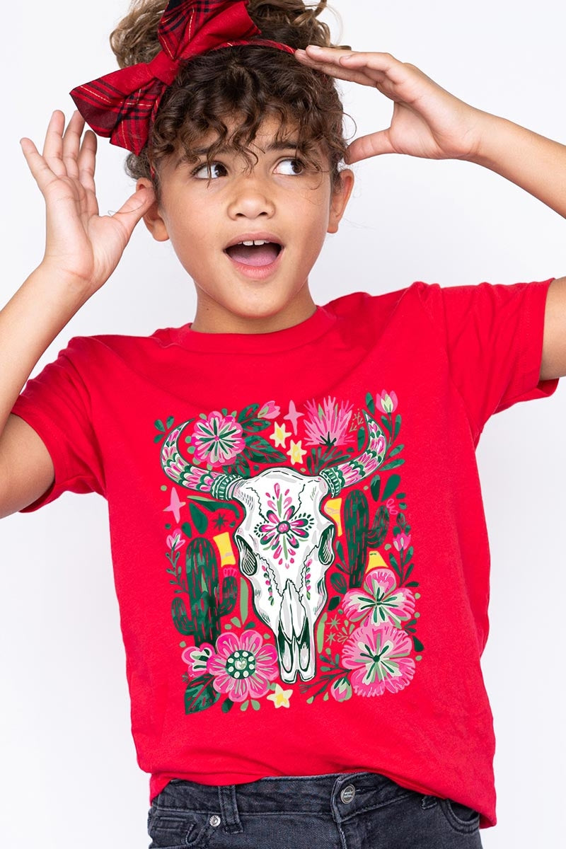 US3001Y-E3086Z Western Floral Cow Skull Kids Graphic Tee $11