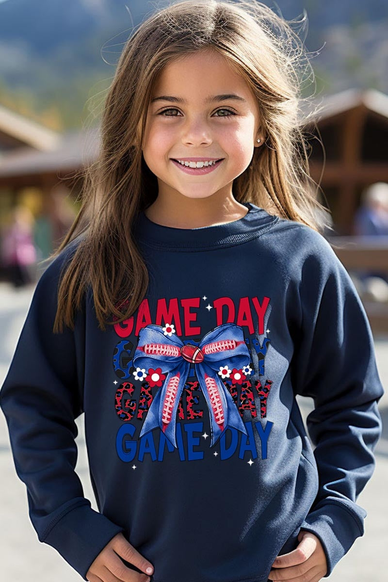 UL180B-E3087Z Red Blue Football Game Day Bow Kids Sweatshirt $20